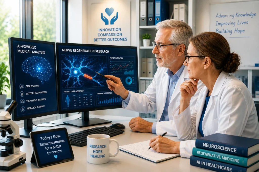 FUTURE TECHNOLOGY & AI - Researchers reviewing medical information using advanced computer systems