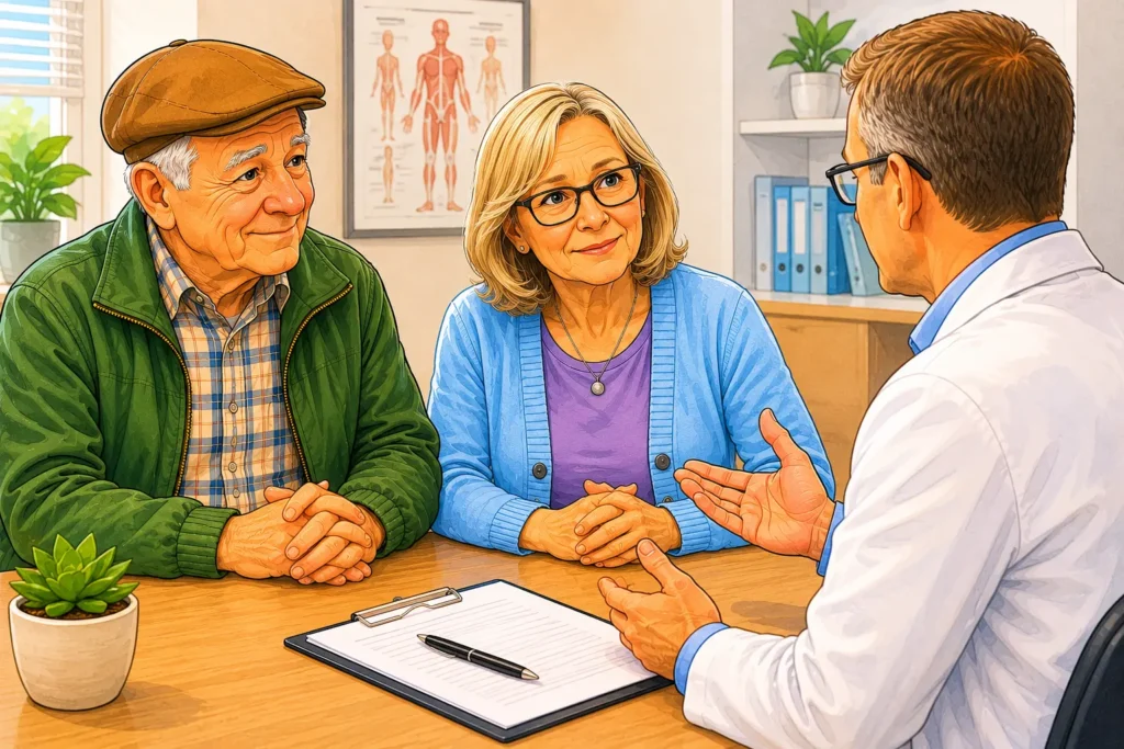 Mary at clinic with reassuring John