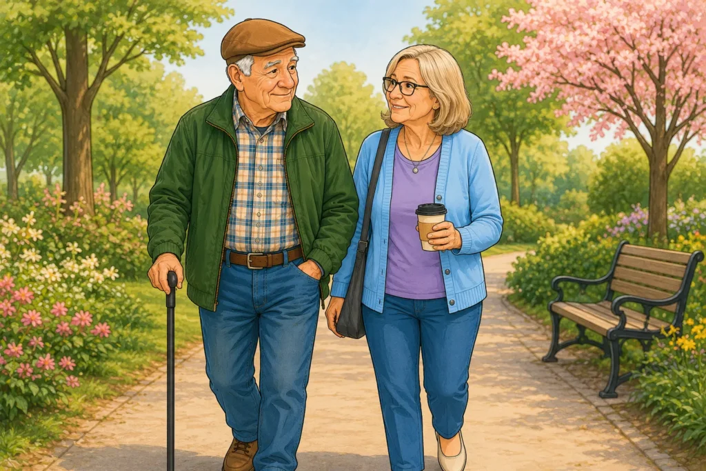 John and Mary relaxing stroll in the park