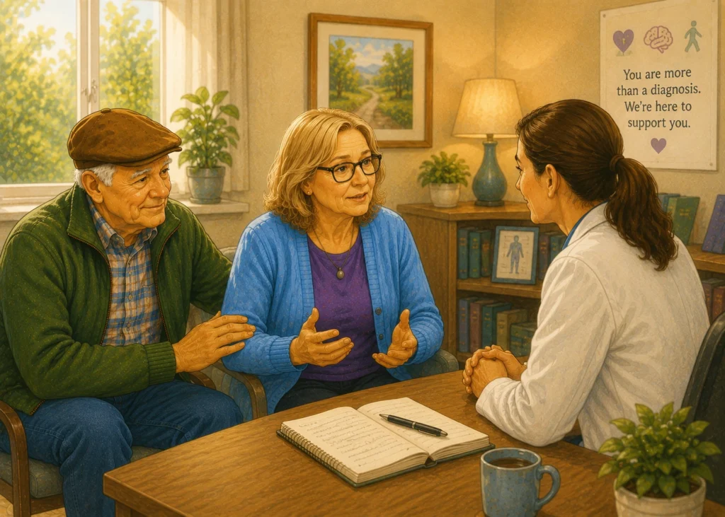 Mary with John supporting in Doctor patient discussion