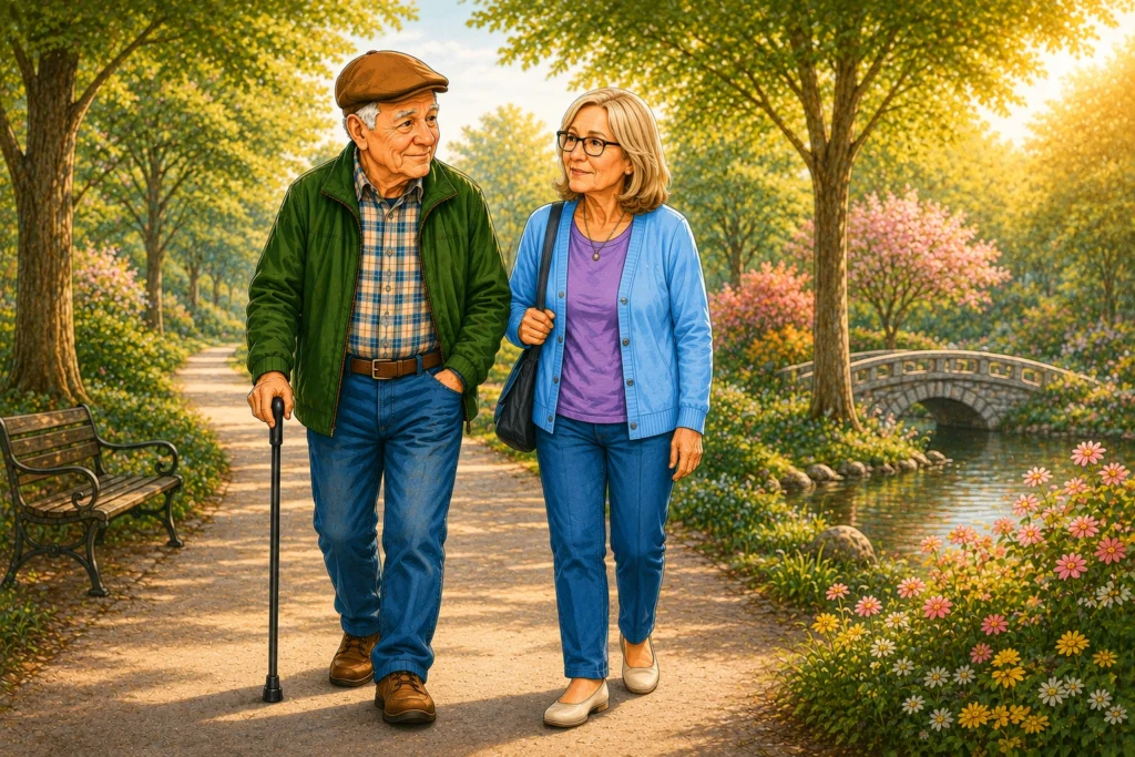 John and Mary walking casually through the park